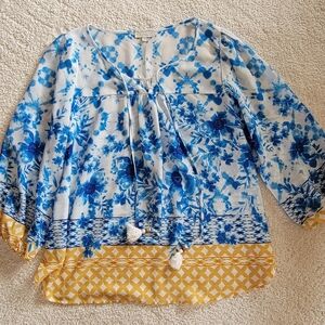Chenault Blue Floral Blouse with Yellow Accents